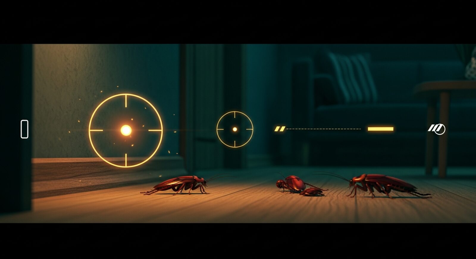 Cockroaches scurrying across a living-room floor seen through the Bug Smash! AR targeting overlay